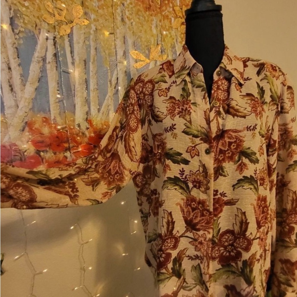 Alfred Dunner Cream Blouse with Rust and Green Floral Print